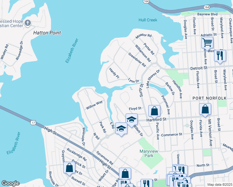 map of restaurants, bars, coffee shops, grocery stores, and more near 542 Lanier Crescent in Portsmouth