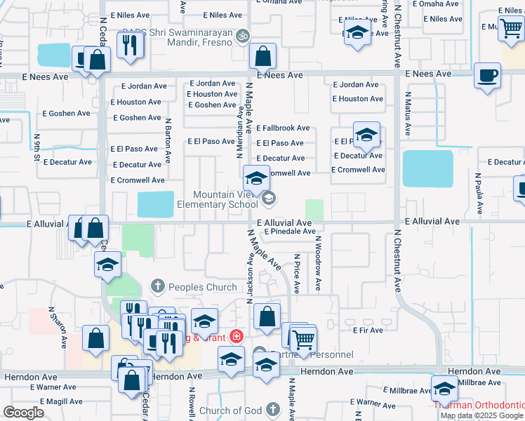 map of restaurants, bars, coffee shops, grocery stores, and more near 2002 East Alluvial Avenue in Fresno
