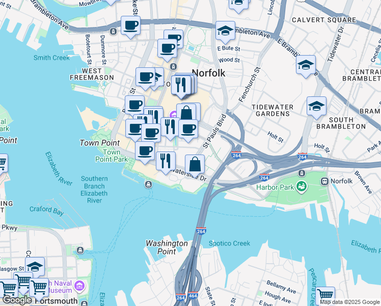 map of restaurants, bars, coffee shops, grocery stores, and more near 520 East Main Street in Norfolk