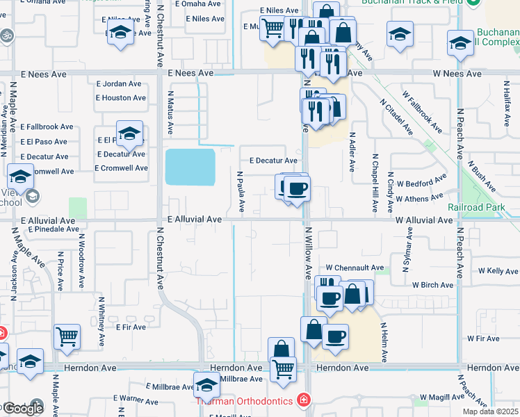 map of restaurants, bars, coffee shops, grocery stores, and more near 2816 East Alluvial Avenue in Clovis