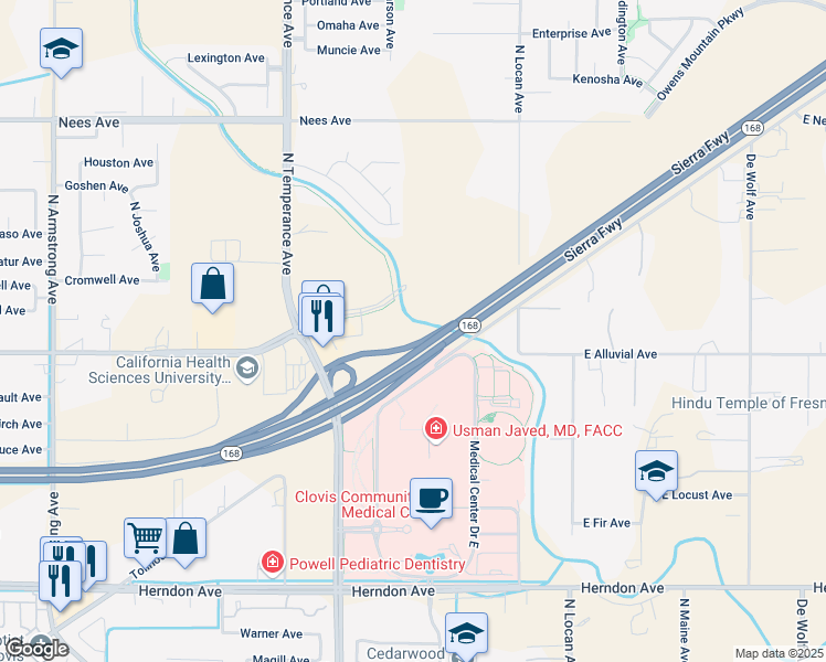 map of restaurants, bars, coffee shops, grocery stores, and more near 2816 East Alluvial Avenue in Clovis