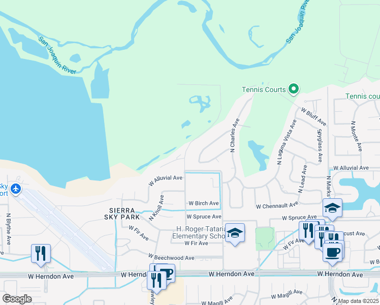 map of restaurants, bars, coffee shops, grocery stores, and more near 7510 North Valentine Avenue in Fresno