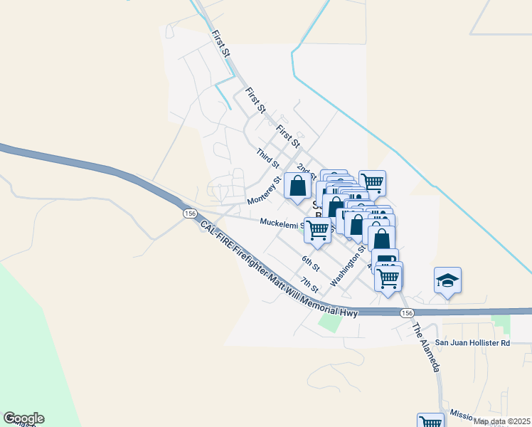 map of restaurants, bars, coffee shops, grocery stores, and more near 802 Marentis Court in San Juan Bautista