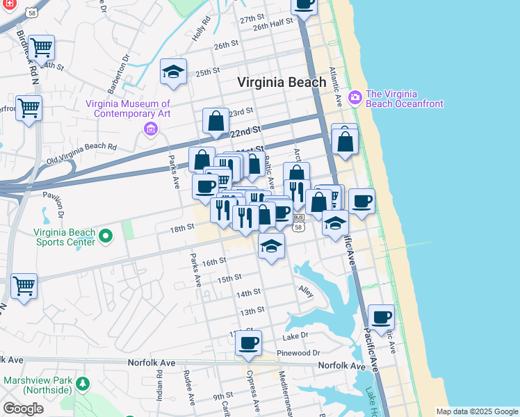 map of restaurants, bars, coffee shops, grocery stores, and more near 516 19th Street in Virginia Beach