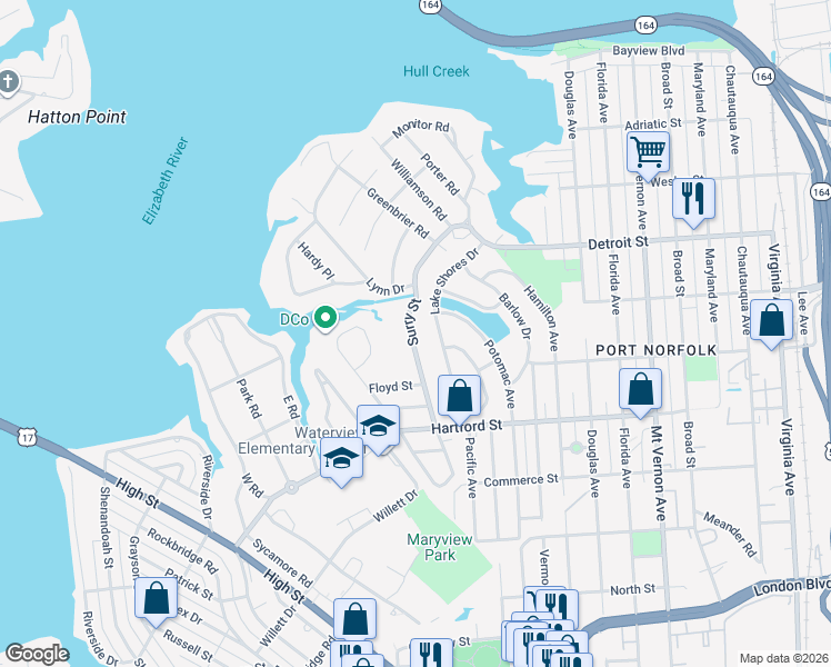 map of restaurants, bars, coffee shops, grocery stores, and more near 611 Surry Street in Portsmouth