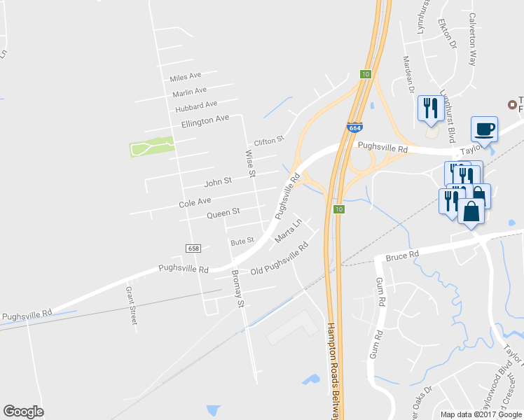 map of restaurants, bars, coffee shops, grocery stores, and more near 4517 Cole Avenue in Suffolk