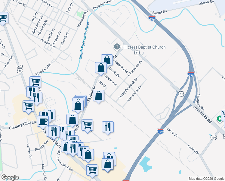 map of restaurants, bars, coffee shops, grocery stores, and more near 1723 Clarence Drive in Hopkinsville