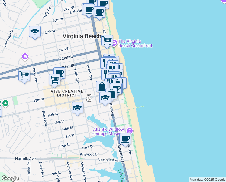 map of restaurants, bars, coffee shops, grocery stores, and more near 1718 Atlantic Avenue in Virginia Beach