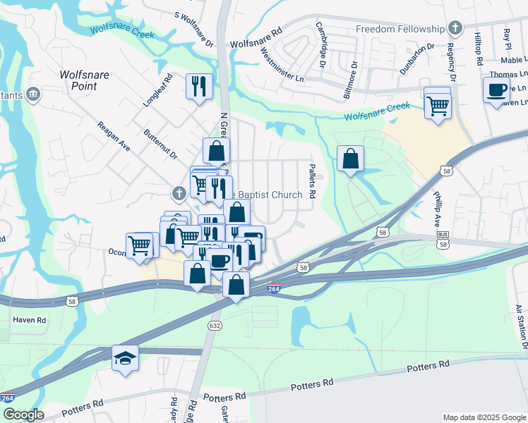 map of restaurants, bars, coffee shops, grocery stores, and more near 405 Cold Spring Road in Virginia Beach