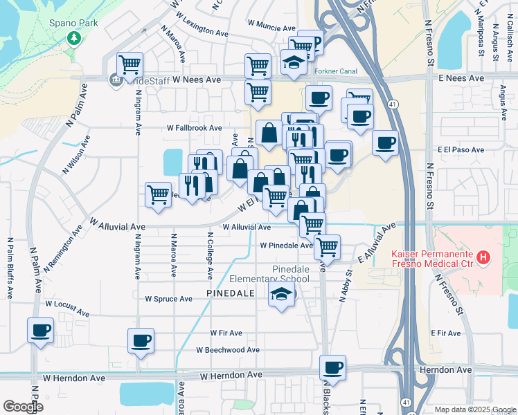 map of restaurants, bars, coffee shops, grocery stores, and more near 260 W El Paso Ave in Fresno