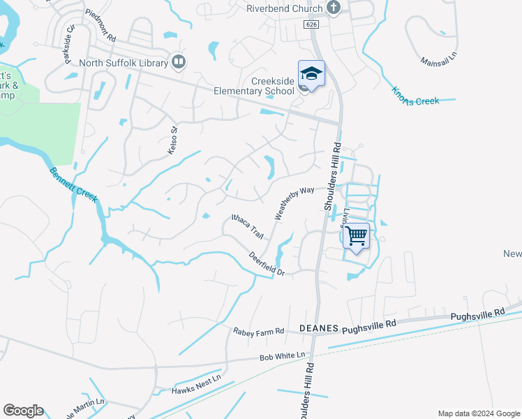 map of restaurants, bars, coffee shops, grocery stores, and more near 3604 Traverse Circle in Suffolk