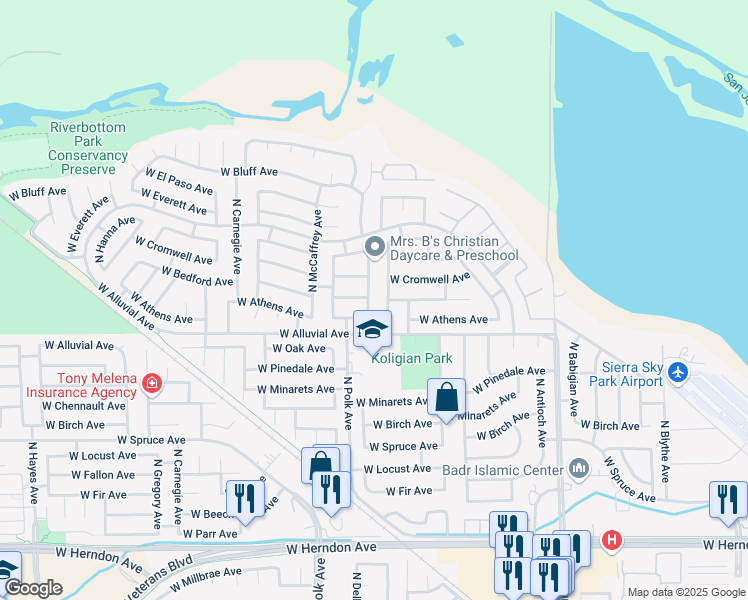 map of restaurants, bars, coffee shops, grocery stores, and more near 7542 North Ellendale Avenue in Fresno