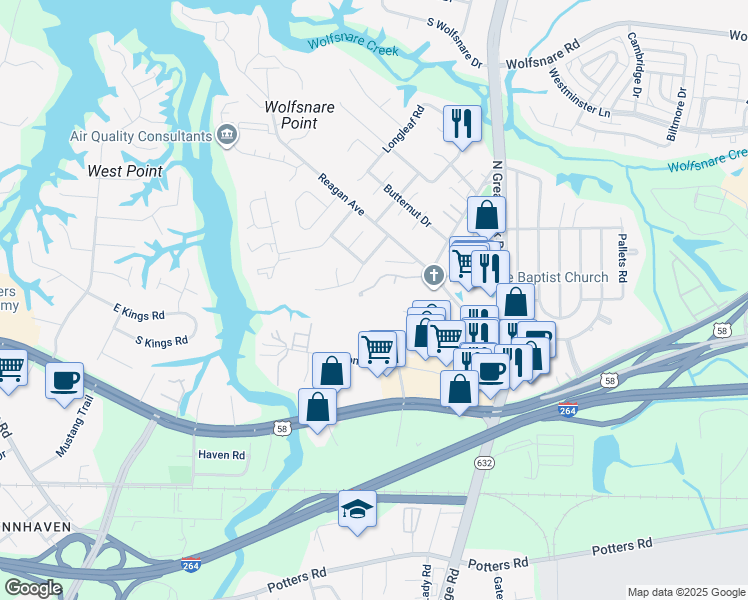 map of restaurants, bars, coffee shops, grocery stores, and more near 305 London Pointe Court in Virginia Beach