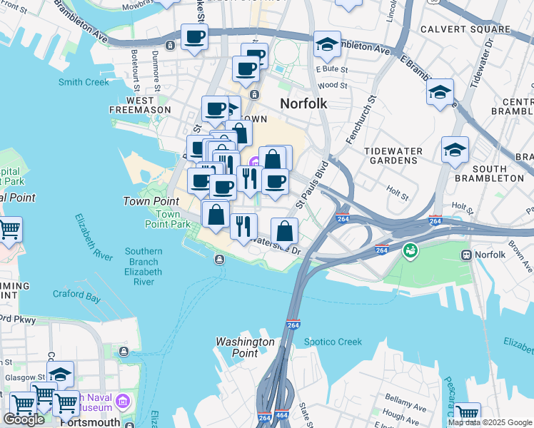 map of restaurants, bars, coffee shops, grocery stores, and more near 3 Commercial Place in Norfolk