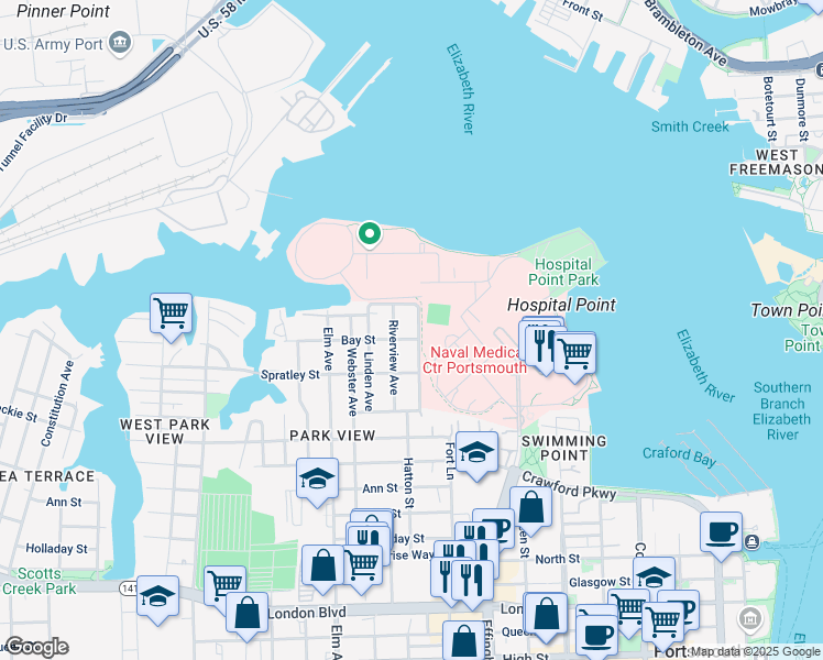map of restaurants, bars, coffee shops, grocery stores, and more near 6 Parkview Avenue in Portsmouth