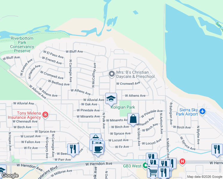 map of restaurants, bars, coffee shops, grocery stores, and more near 7542 North Ellendale Avenue in Fresno