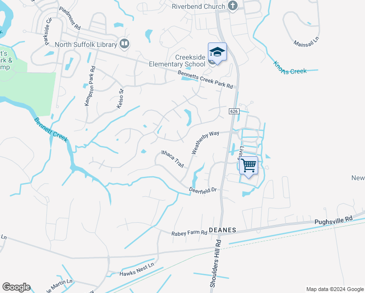 map of restaurants, bars, coffee shops, grocery stores, and more near 3604 Traverse Circle in Suffolk