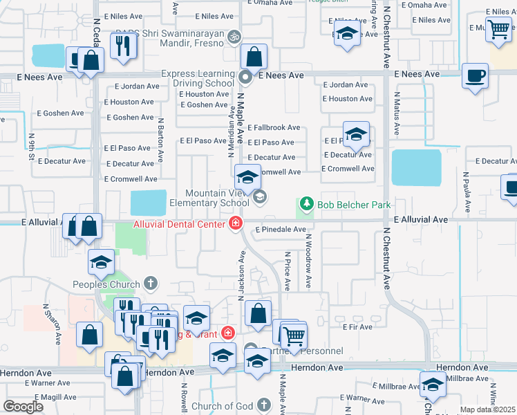 map of restaurants, bars, coffee shops, grocery stores, and more near 2002 East Alluvial Avenue in Fresno