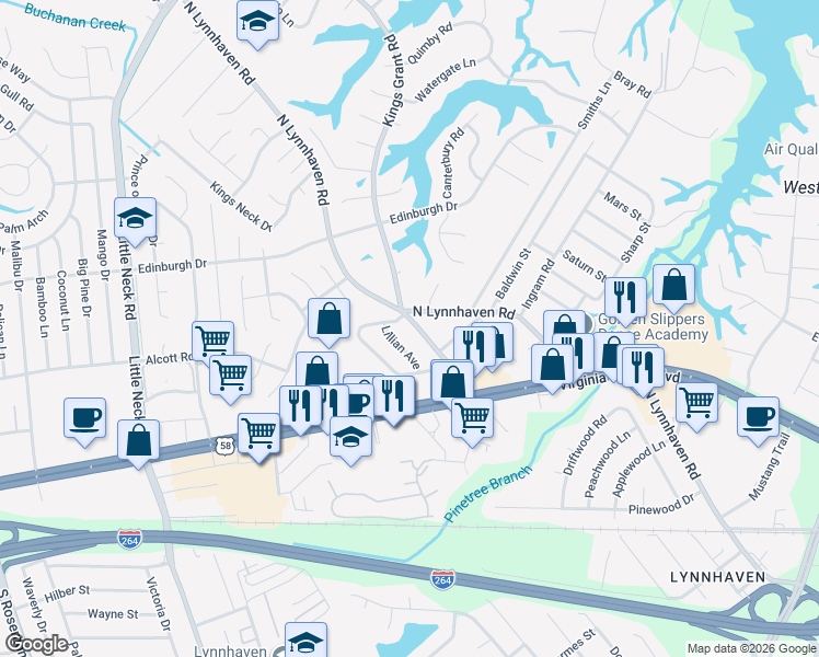 map of restaurants, bars, coffee shops, grocery stores, and more near 401 Leffler Lane in Virginia Beach