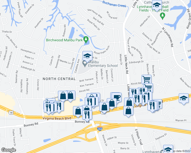 map of restaurants, bars, coffee shops, grocery stores, and more near 425 Pelican Lane in Virginia Beach