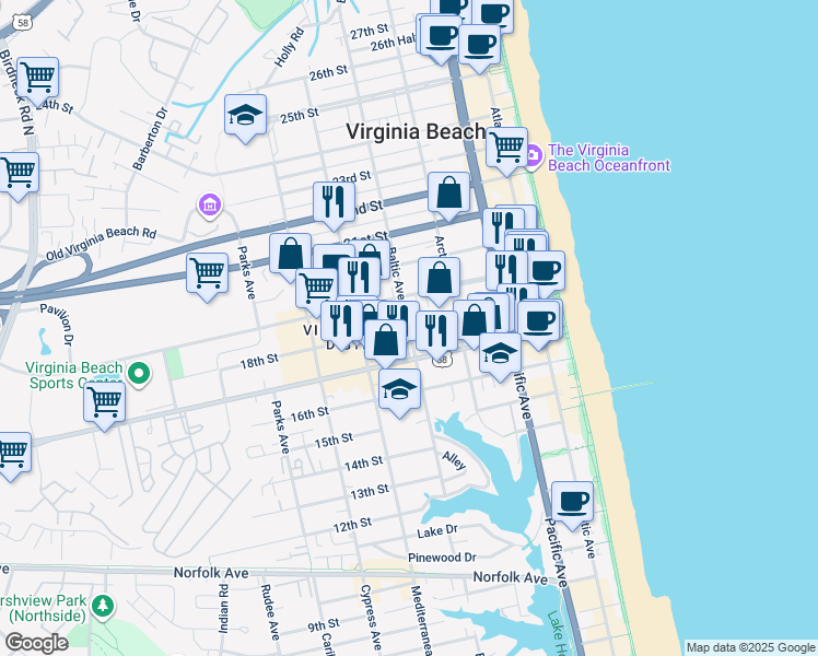 map of restaurants, bars, coffee shops, grocery stores, and more near Baltic Ave & 18th St in Virginia Beach