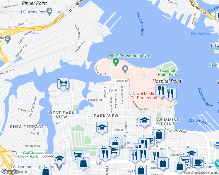map of restaurants, bars, coffee shops, grocery stores, and more near 28 Webster Avenue in Portsmouth