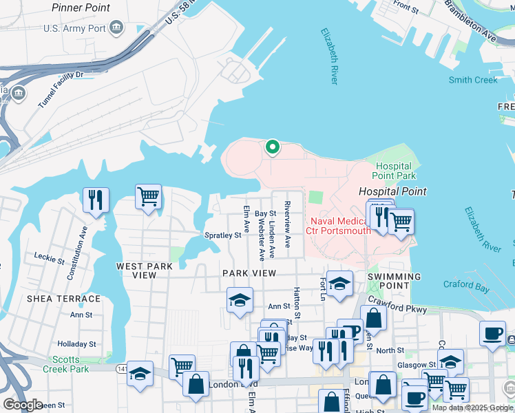 map of restaurants, bars, coffee shops, grocery stores, and more near 28 Webster Avenue in Portsmouth