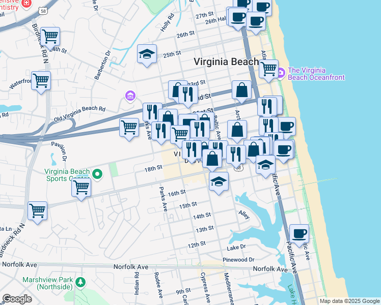 map of restaurants, bars, coffee shops, grocery stores, and more near 609 19th Street in Virginia Beach