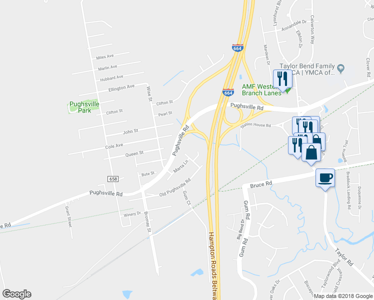 map of restaurants, bars, coffee shops, grocery stores, and more near 3215 Calisha Court in Chesapeake