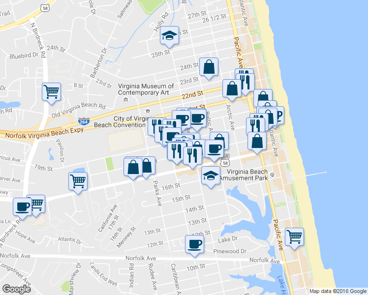 map of restaurants, bars, coffee shops, grocery stores, and more near 609 19th Street in Virginia Beach