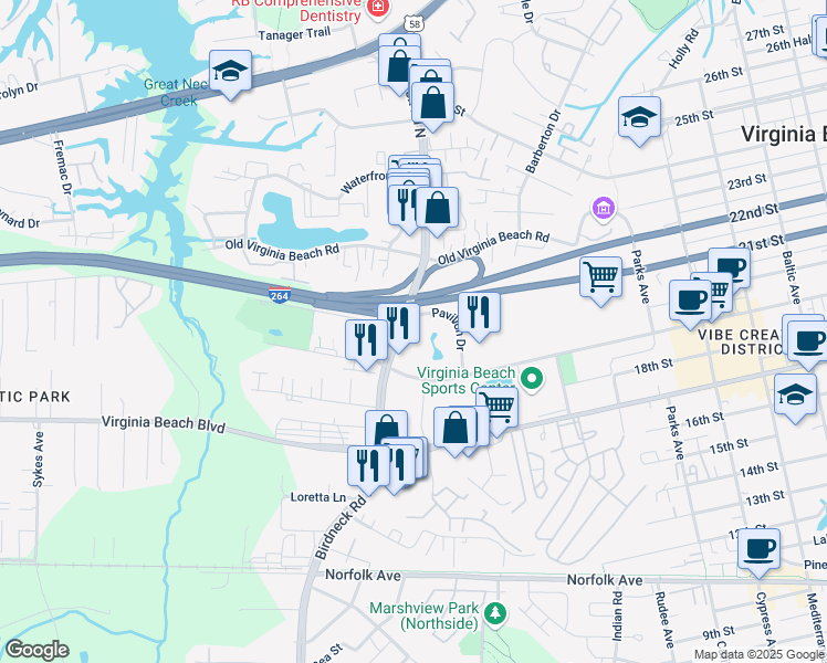 map of restaurants, bars, coffee shops, grocery stores, and more near 484 Eden Roc Circle in Virginia Beach