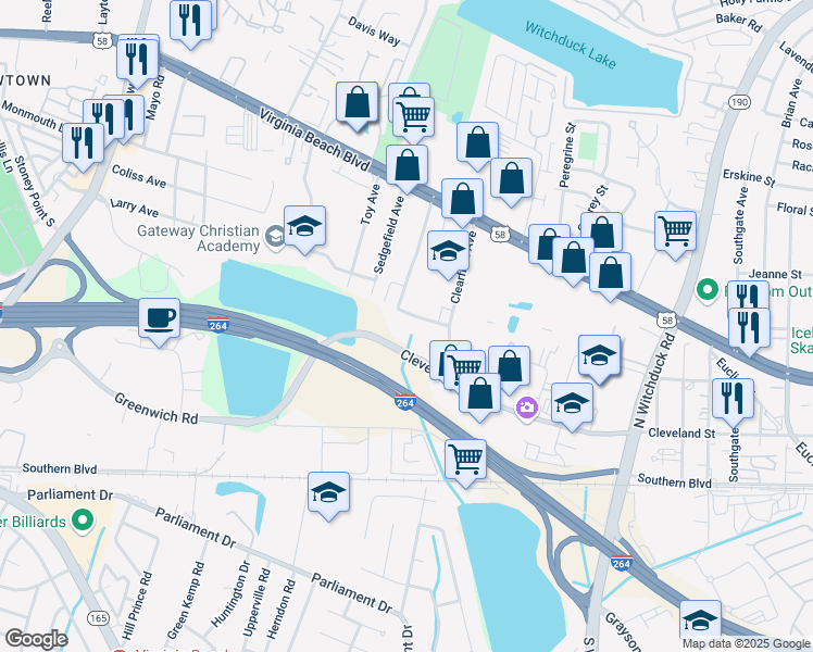 map of restaurants, bars, coffee shops, grocery stores, and more near Ana Mascarinas Drive in Virginia Beach