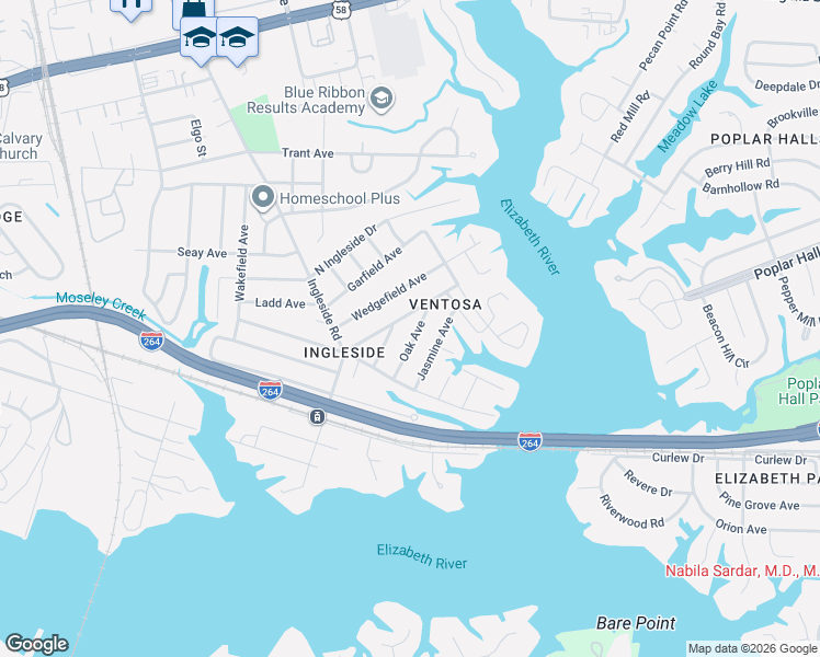 map of restaurants, bars, coffee shops, grocery stores, and more near 3700 Peake Road in Norfolk