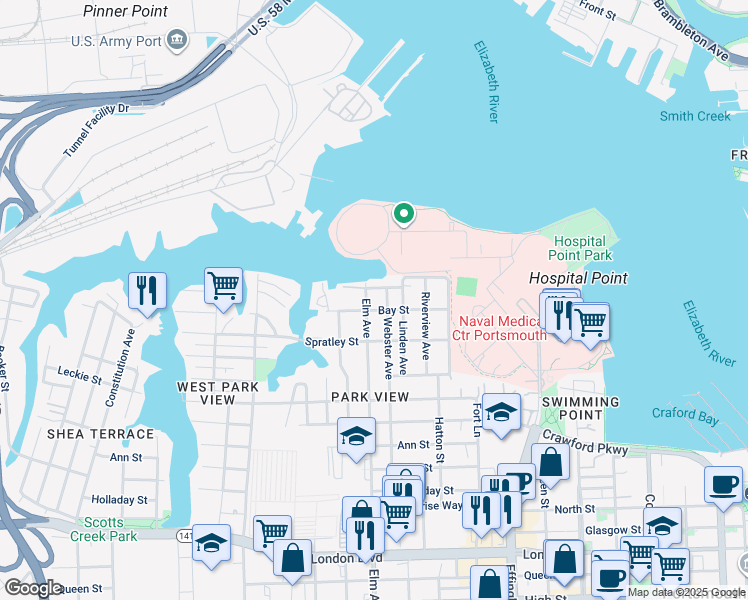 map of restaurants, bars, coffee shops, grocery stores, and more near 1128 Harrell Street in Portsmouth