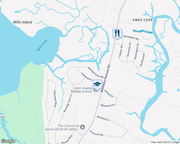 map of restaurants, bars, coffee shops, grocery stores, and more near 2817 Windjammer Road in Suffolk