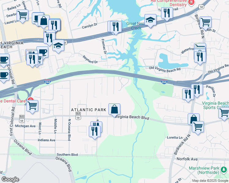 map of restaurants, bars, coffee shops, grocery stores, and more near 450 Lisa Square in Virginia Beach
