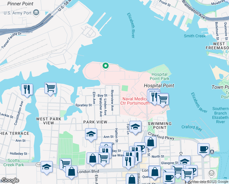map of restaurants, bars, coffee shops, grocery stores, and more near 8 Riverview Avenue in Portsmouth