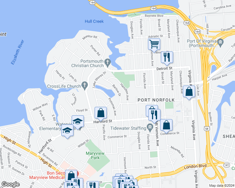 map of restaurants, bars, coffee shops, grocery stores, and more near 522 Barlow Drive in Portsmouth