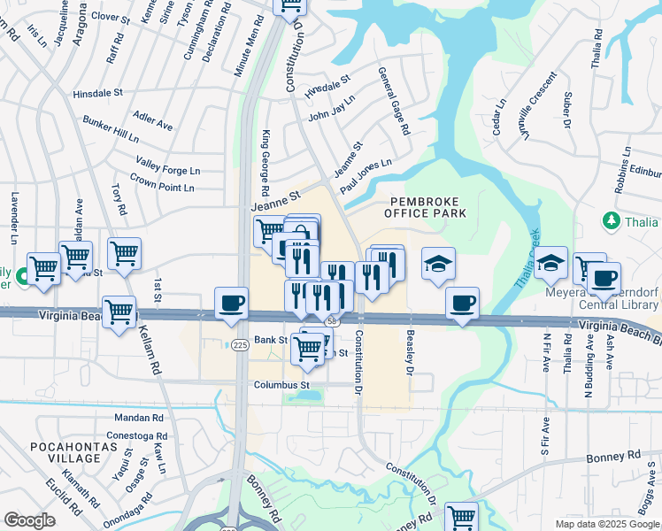 map of restaurants, bars, coffee shops, grocery stores, and more near 4564 Virginia Beach Boulevard in Virginia Beach