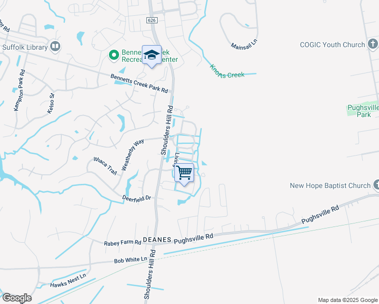 map of restaurants, bars, coffee shops, grocery stores, and more near 1116 Island Park Circle in Suffolk