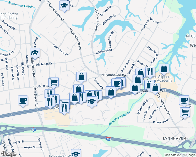 map of restaurants, bars, coffee shops, grocery stores, and more near 3104 Belle Haven Drive in Virginia Beach
