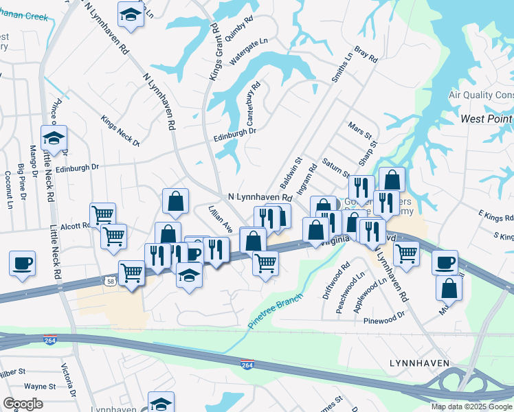 map of restaurants, bars, coffee shops, grocery stores, and more near 3008 Beaver Drive in Virginia Beach