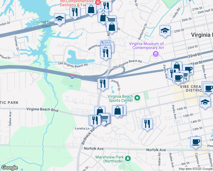 map of restaurants, bars, coffee shops, grocery stores, and more near 400 Eden Roc Circle in Virginia Beach