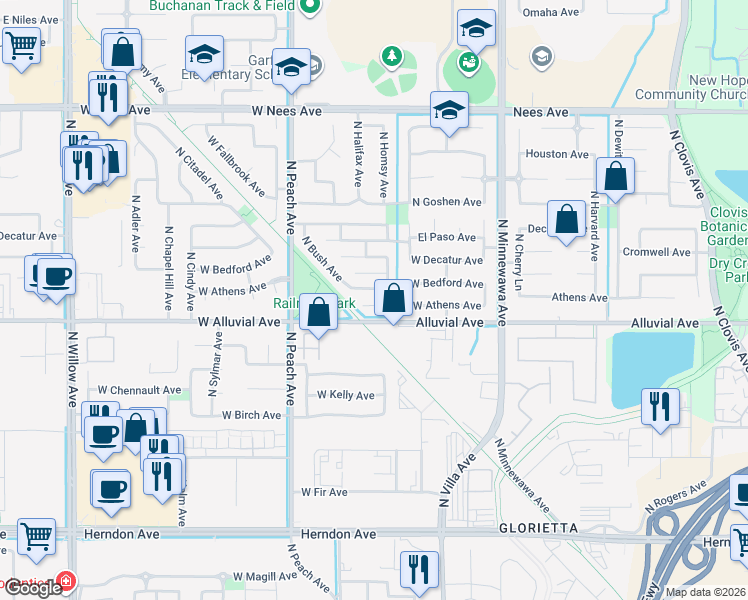 map of restaurants, bars, coffee shops, grocery stores, and more near 221 West Bedford Avenue in Clovis