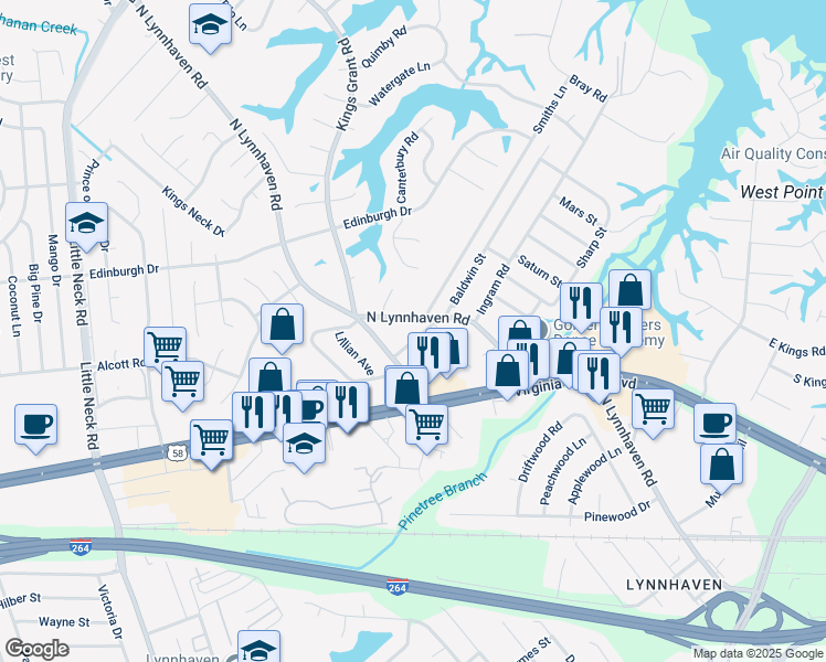 map of restaurants, bars, coffee shops, grocery stores, and more near 3008 Beaver Drive in Virginia Beach