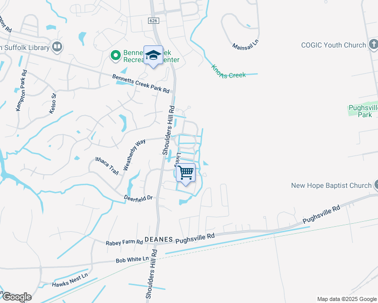 map of restaurants, bars, coffee shops, grocery stores, and more near 1112 Island Park Circle in Suffolk
