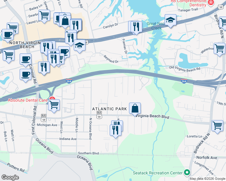 map of restaurants, bars, coffee shops, grocery stores, and more near 456 Rudder Road in Virginia Beach