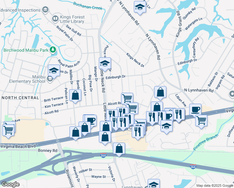map of restaurants, bars, coffee shops, grocery stores, and more near 401 Prince of Wales Drive in Virginia Beach