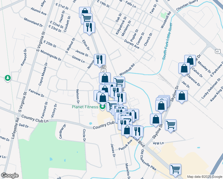 map of restaurants, bars, coffee shops, grocery stores, and more near 2518 Fort Campbell Boulevard in Hopkinsville