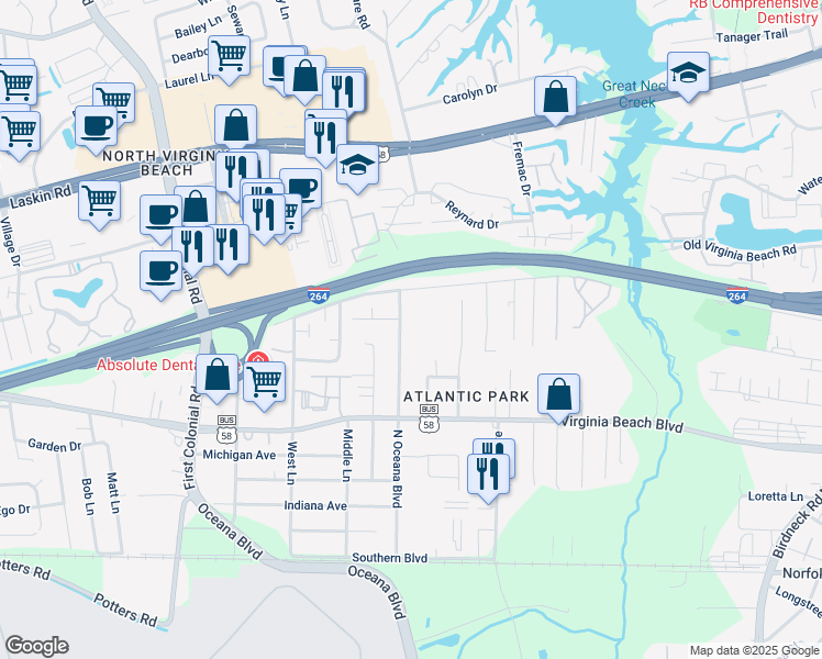 map of restaurants, bars, coffee shops, grocery stores, and more near 438 North Oceana Boulevard in Virginia Beach